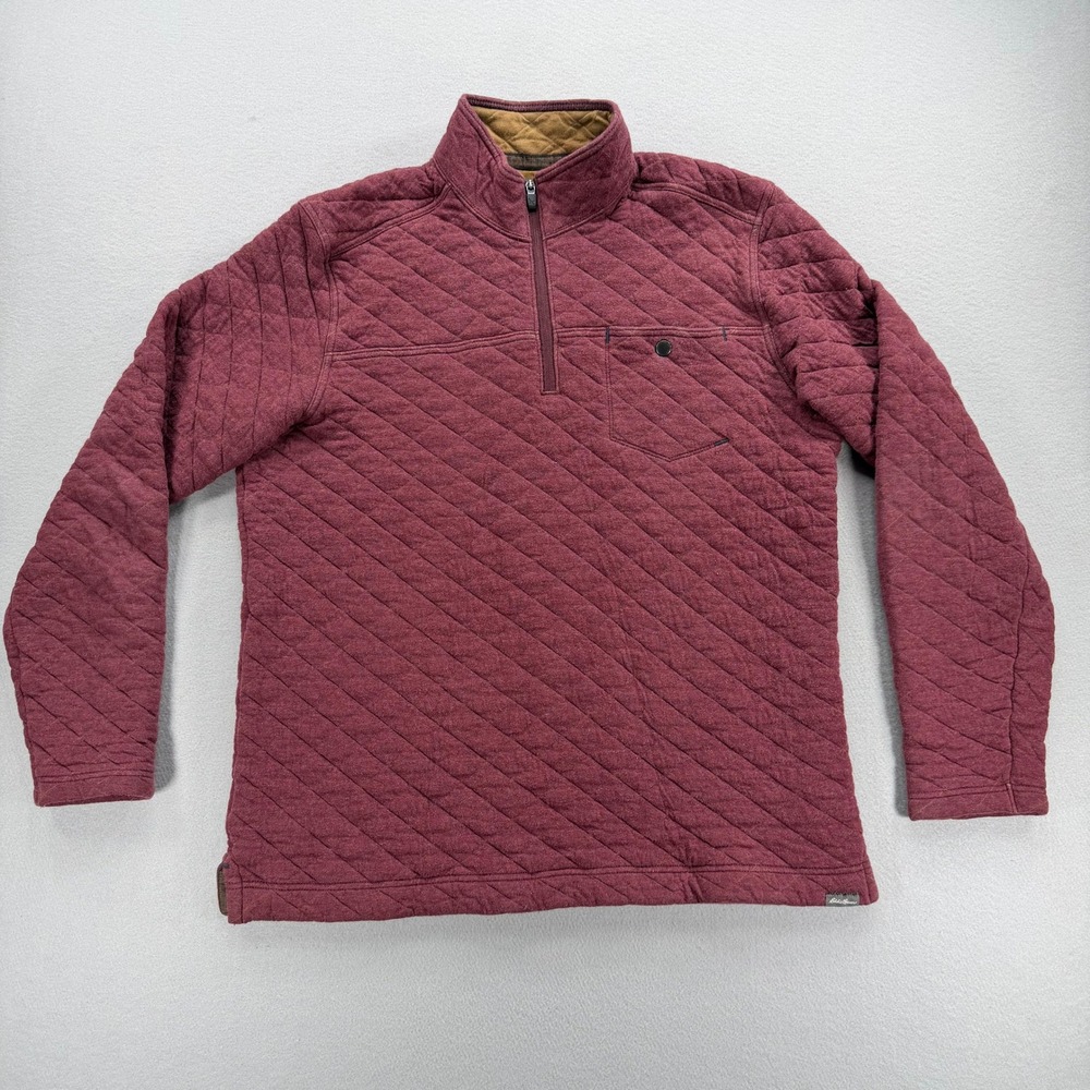 Eddie Bauer TL Pullover Mens Burgundy Quilted Quarter Zip Mock Neck Sweater